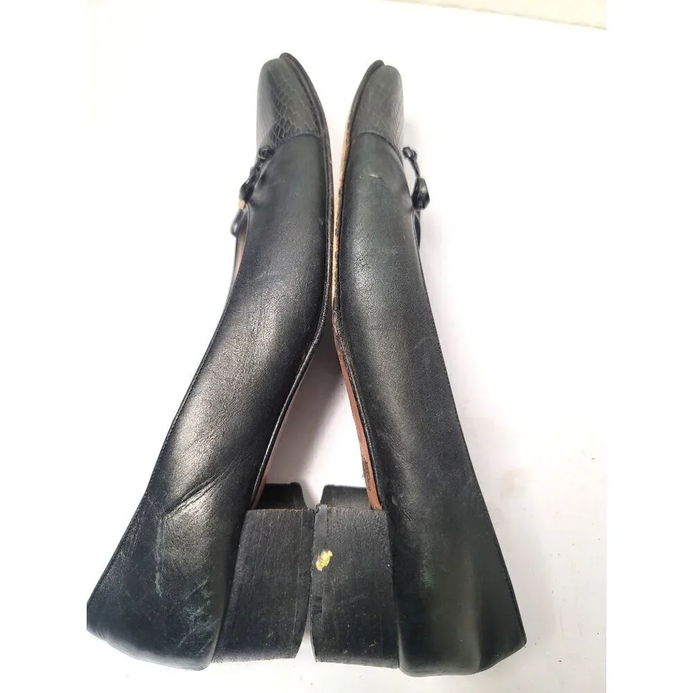 VTG Salvatore Ferragamo Black Leather Heels Bow & Textured Toe Women's 7.5A‎